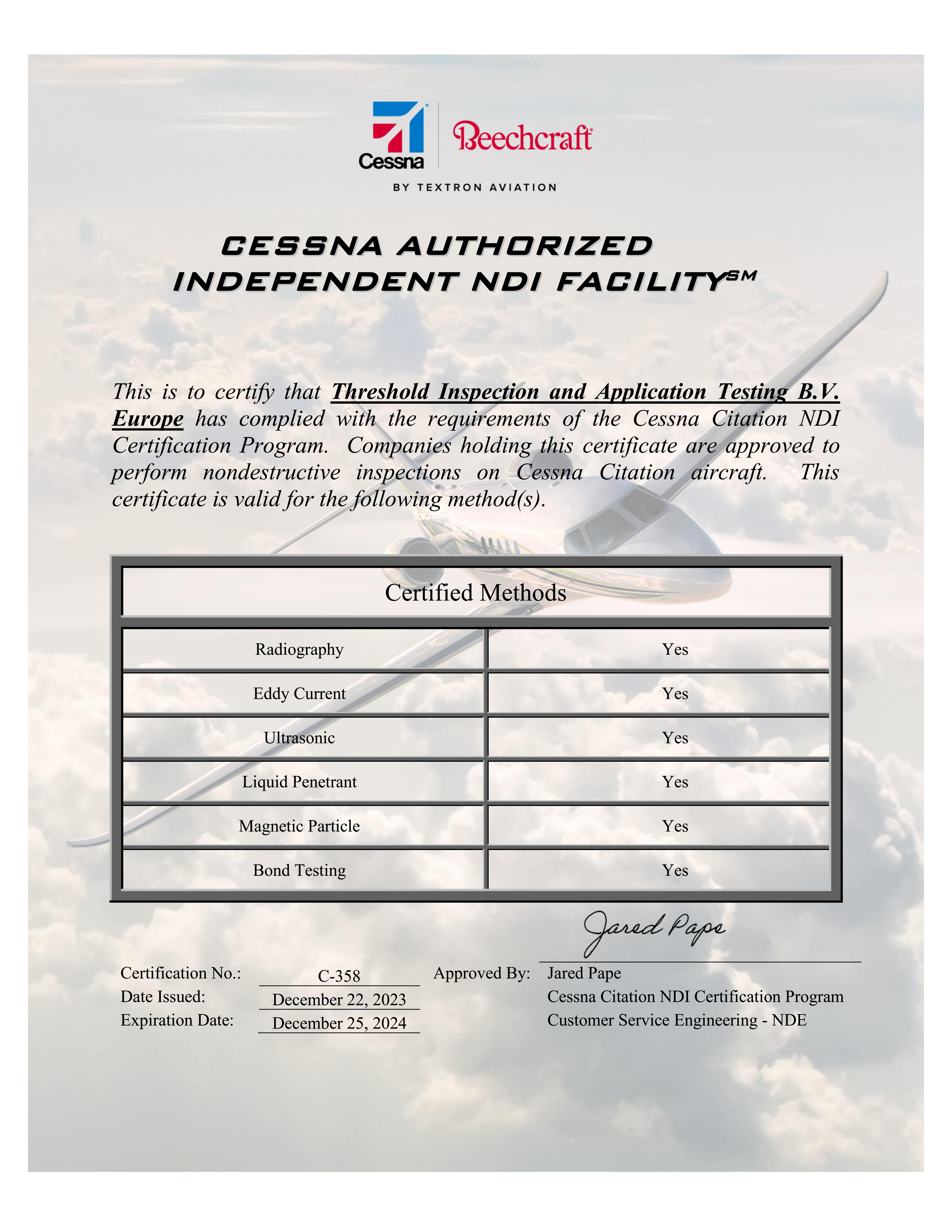 CESSNA Authorized Independent NDI Facility